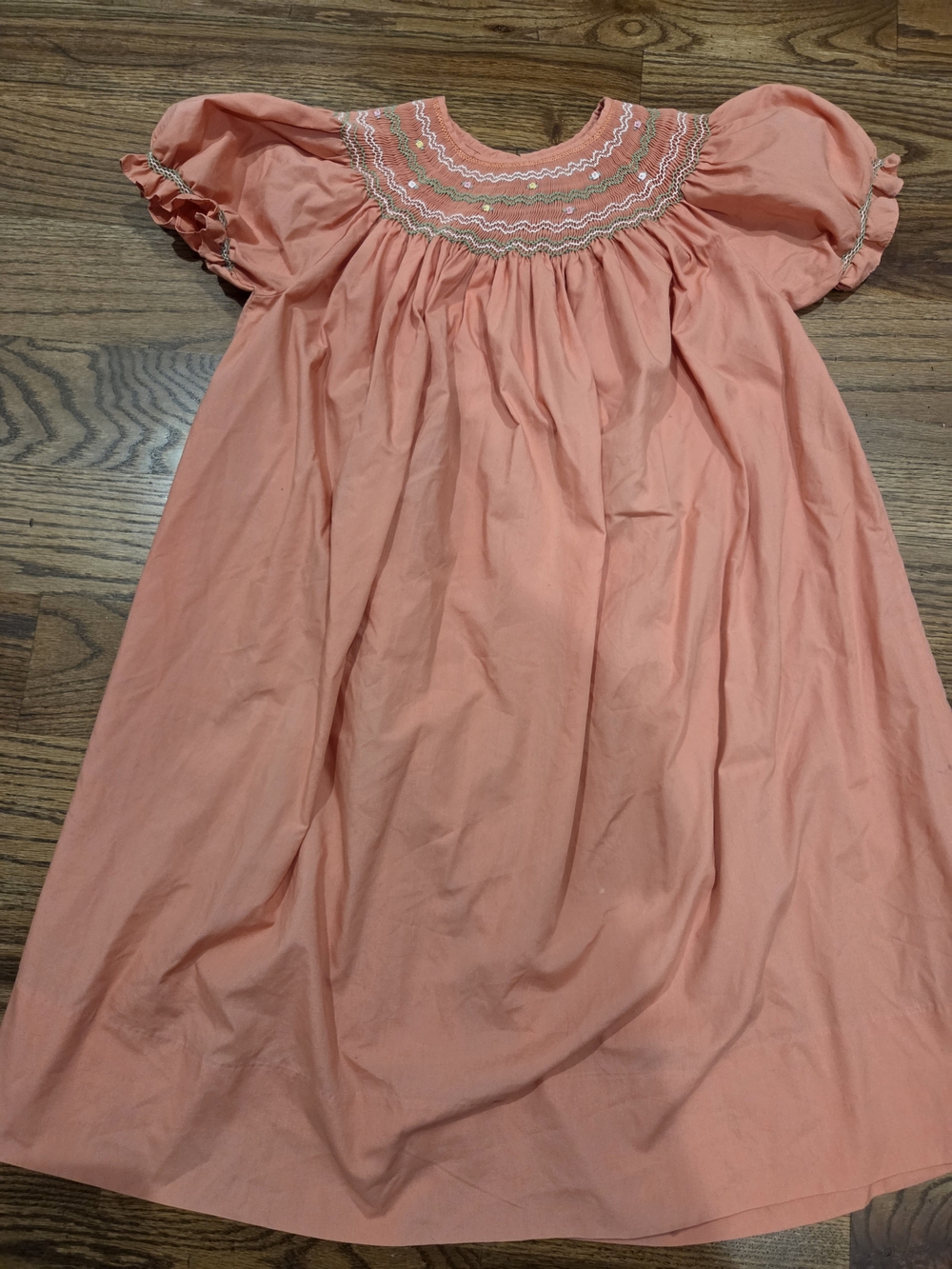 Girls' Coral Smocked Puff-Sleeve Dress